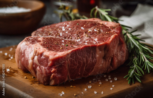 A steak on a cutting board with herbs and spices. Generative ai