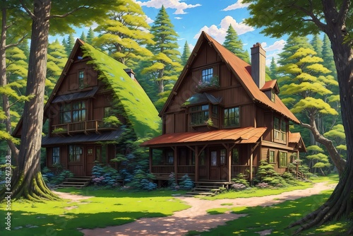 Anime-style wooden house in forest [AI Generated]