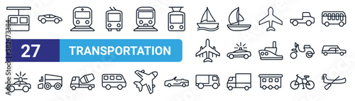 set of 27 thin line transportation icons such as chairlift, sport car, subway, catamaran, patrol car, , truck, gondola vector icons for mobile app, web design.