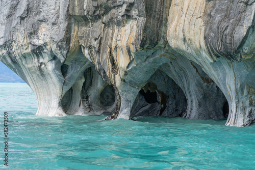 Marble Caves on Lake General Carrera, Patagonia, Chile. Marble Caves are naturally sculpted caves made completely of marble and formed by the water action.
