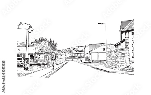 Building view with landmark of Peel is a seaside town in Canada. Hand drawn sketch illustration in vector.