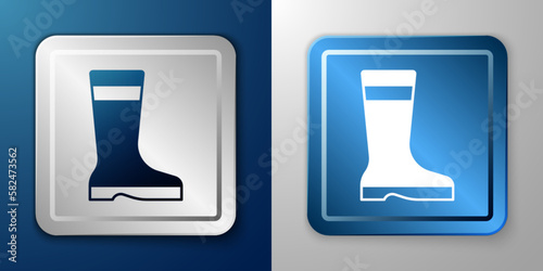 White Fishing boots icon isolated on blue and grey background. Waterproof rubber boot. Gumboots for rainy weather, fishing, hunter, gardening. Silver and blue square button. Vector