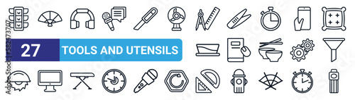 set of 27 thin line tools and utensils icons such as semaphore lights, tessen fan, headphone variant, forceps, book with mouse, screen in black, squad, times square vector icons for mobile app, web