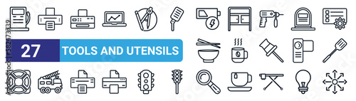 set of 27 thin line tools and utensils icons such as fuel oil bomb service, printer with written paper, printer with blank paper sheet, house things, hot cup of coffee, firetruck, searching tool,