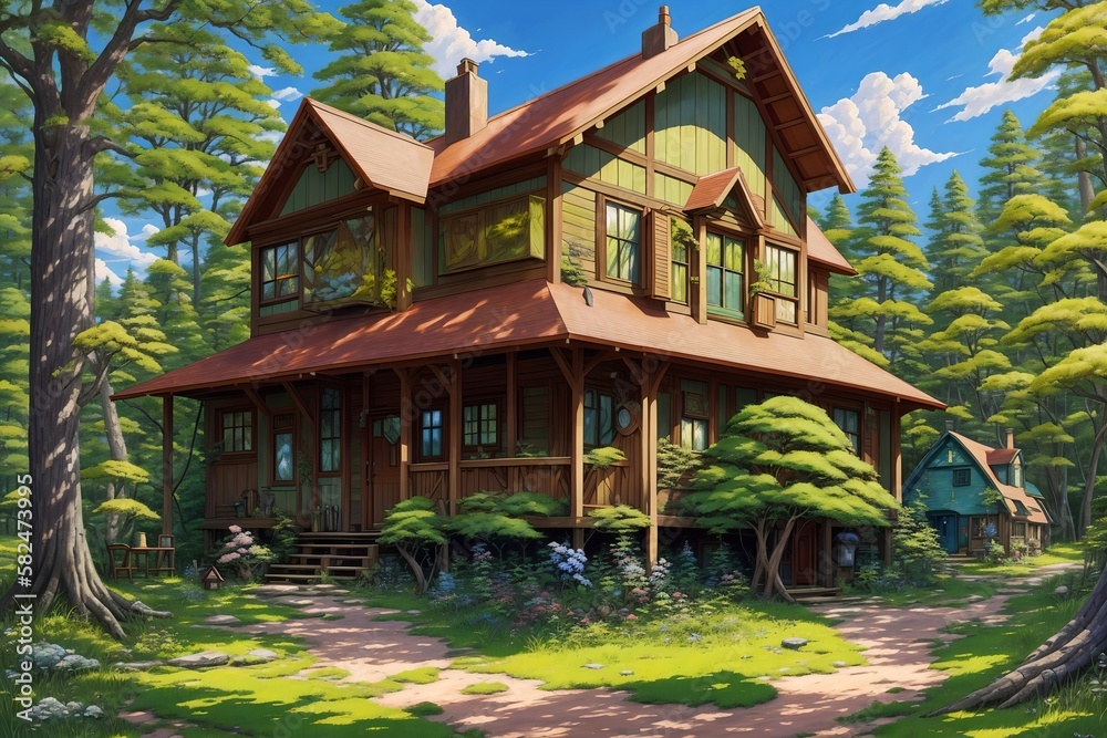 Anime-style wooden house in forest [AI Generated]