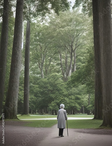 Elderly grandmother walking alone. Concept loneliness, widowhood, granny, grandma woman. Ai generative