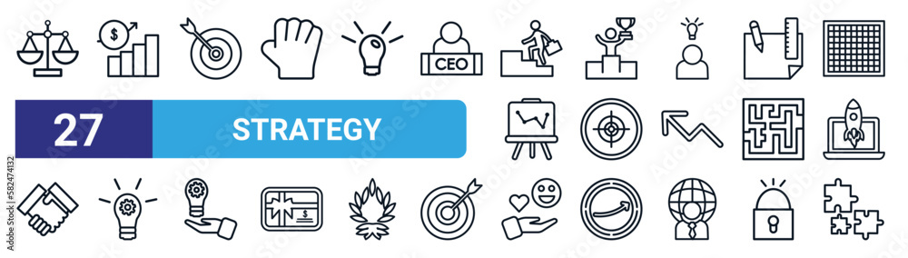 Fototapeta premium set of 27 thin line strategy icons such as balance, profits, goal, success, focus, innovation, reaction, puzzle vector icons for mobile app, web design.