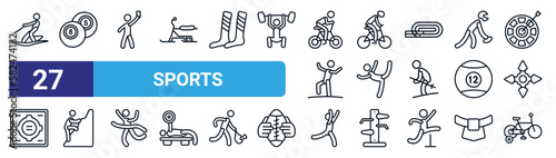 set of 27 thin line sports icons such as water ski, pool ball, amonestation, man riding bike, dancer balance posture on one leg, adventure, jumping dancer, bicycle for children vector icons for