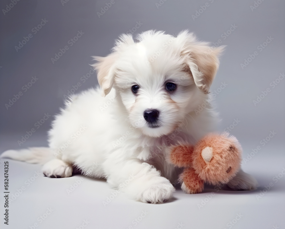 Cute white fluffy puppy playing with pet toy. Generative AI Cute white fluffy puppy playing with pet toy. Generative AI