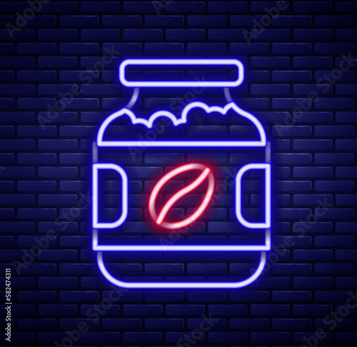 Glowing neon line Coffee jar bottle icon isolated on brick wall background. Colorful outline concept. Vector