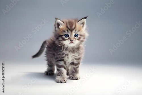 Cute tabby fluffy kitten on gray background with copy space. Generative AI