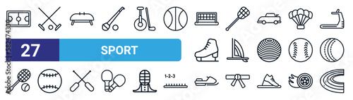 set of 27 thin line sport icons such as football field, polo sport, gymnastics, lacrosse, windsurf, baseball, snowmobile sport, marathon vector icons for mobile app, web design.