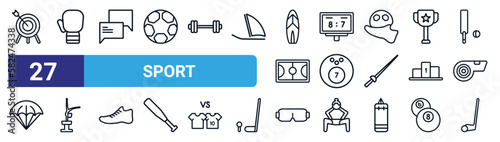 set of 27 thin line sport icons such as archery, kickboxing, commentator, scoreboard, ball, tumbling, sport goggles, rinkball vector icons for mobile app, web design.