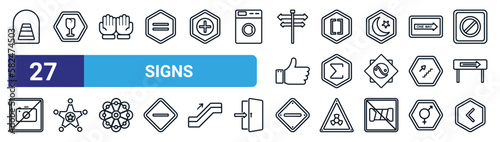 set of 27 thin line signs icons such as tunnel, broken glass, zuhar prayer, brackets grouping, the sum of, sheriff star, substract, is greater than vector icons for mobile app, web design.