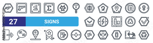set of 27 thin line signs icons such as snake, gun, is less than or equal to, ceres, electric current, quotes, wind, toxic material vector icons for mobile app, web design.