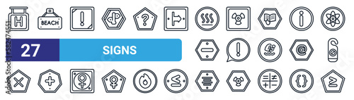 set of 27 thin line signs icons such as square hotel, beach, alert, radioactive, exclamation, add, align center, is greater than vector icons for mobile app, web design.