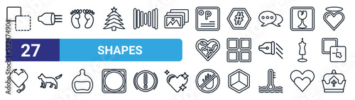 set of 27 thin line shapes icons such as minus front, high beam, human foot prints, hash key, four squares, jackal, no push, reign vector icons for mobile app, web design.