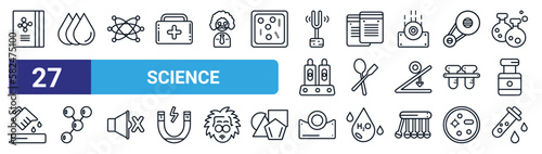 set of 27 thin line science icons such as science book, drops, atoms, notes, spoon, molecules, concave, blood test vector icons for mobile app, web design.