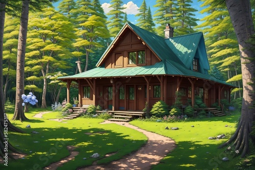 Anime-style wooden house in forest [AI Generated]