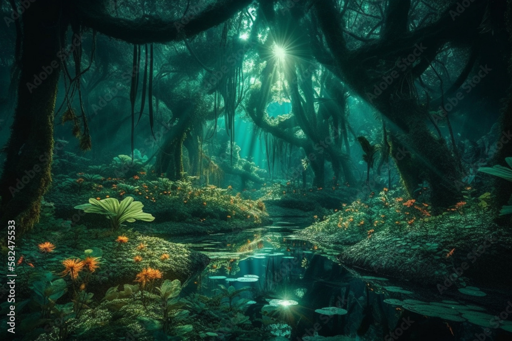 Beautiful and exotic Landscape of a blue lake in the middle of the forest, Generated by AI Beautiful and exotic Landscape of a blue lake in the middle of the forest, Generated by AI