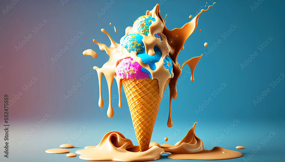 This illustration depicts a melting ice cream cone in a variety of