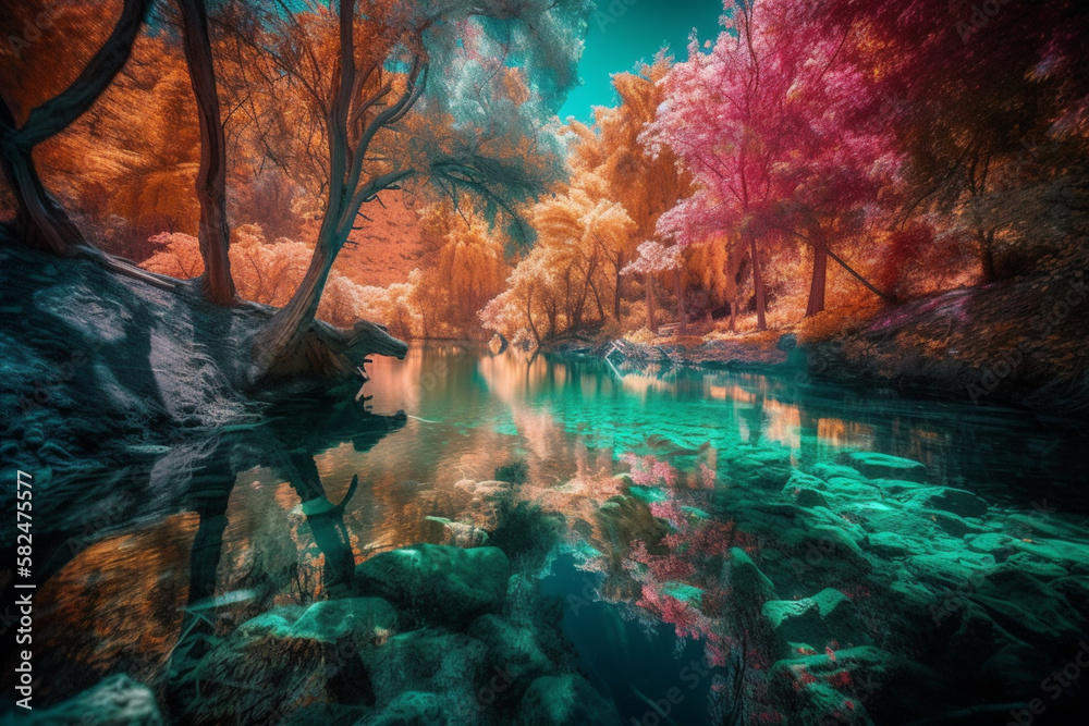 Beautiful and exotic Landscape of a blue lake in the middle of the forest, Generated by AI