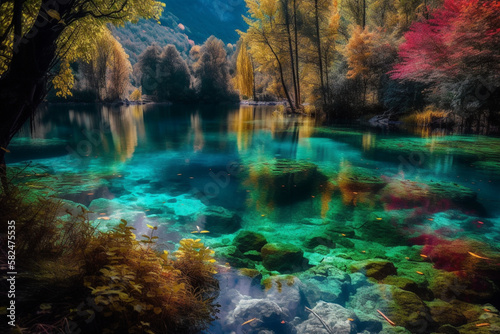 Beautiful and exotic Landscape of a blue lake in the middle of the forest, Generated by AI © marcosantonio