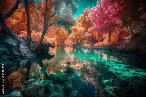 Beautiful and exotic Landscape of a blue lake in the middle of the forest  Generated by AI