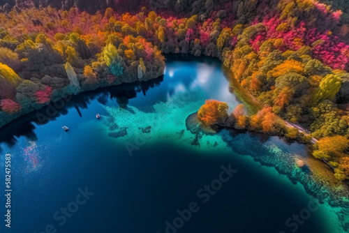 Beautiful and exotic Landscape of a blue lake in the middle of the forest, Generated by AI