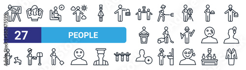 set of 27 thin line people icons such as architect, pulling hair, sit down, farmer working, man vacuuming, postman working, recruit, women suit vector icons for mobile app, web design.