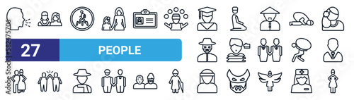 set of 27 thin line people icons such as cough, lesbian couple, road crossing, julus, kidnapping, friends, bedouin, hips vector icons for mobile app, web design.