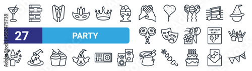 set of 27 thin line party icons such as martini glass with olive, jenga, suit and tie, big heart, theatre masks, wizard hat, magician case, party flags vector icons for mobile app, web design.