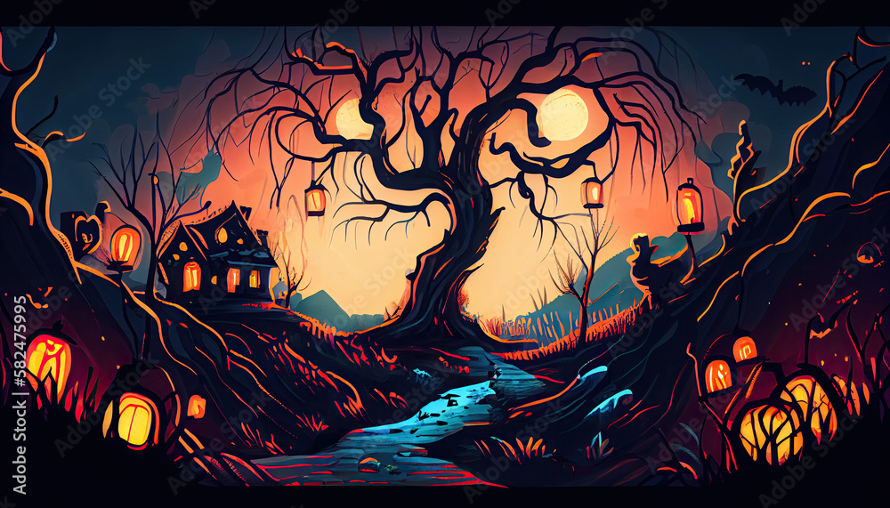 Halloween countryside cute landscape - By Generative AI