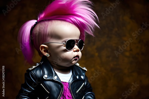 Portrait of baby with pink punk crest hair. Rocker style leather jacket with copy space text. Generative AI