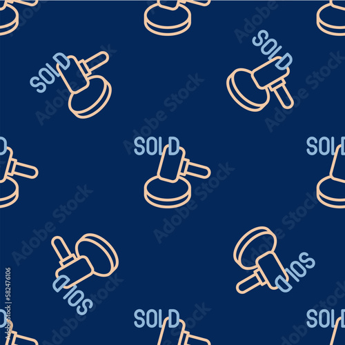Line Auction hammer icon isolated seamless pattern on blue background. Gavel - hammer of judge or auctioneer. Bidding process, deal done. Auction bidding. Vector