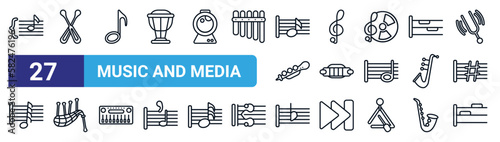 set of 27 thin line music and media icons such as brace, drumstick, eighth note, treble clef, harmonica, bagpipes, flat, half rest vector icons for mobile app, web design.