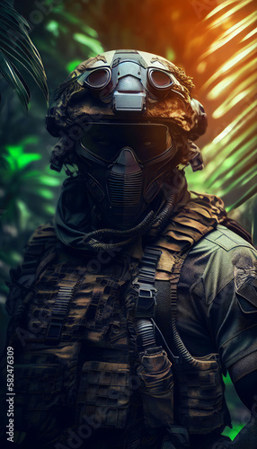 special forces commando soldiers navigating their way through a dense jungle environment. Clad in camouflage gear and armed with advanced weaponry. Generative ai © BigMindOutfit
