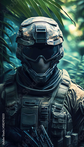 special forces commando soldiers navigating their way through a dense jungle environment. Clad in camouflage gear and armed with advanced weaponry. Generative ai photo