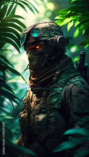 special forces commando soldiers navigating their way through a dense jungle environment. Clad in camouflage gear and armed with advanced weaponry. Generative ai photo