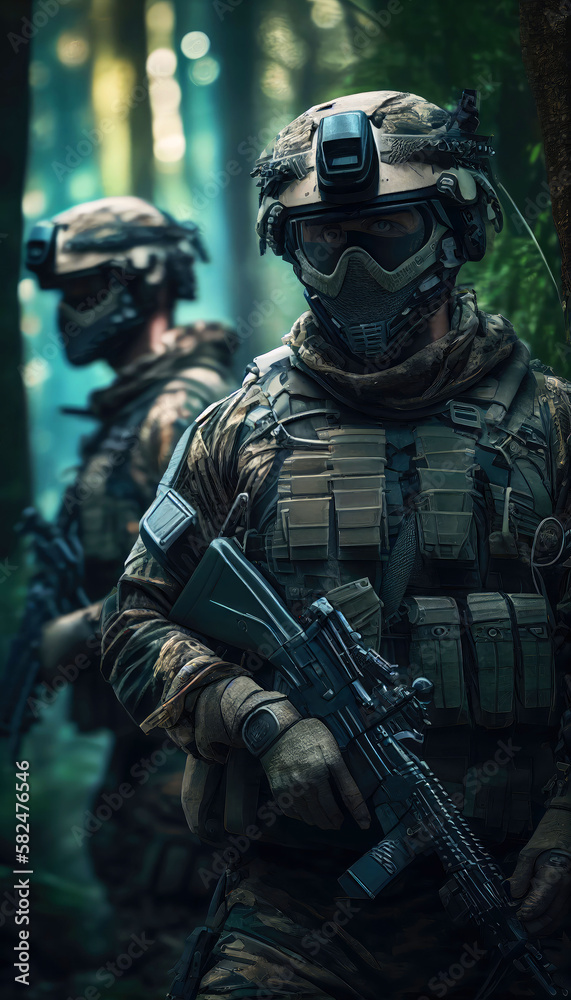 special forces commando soldiers navigating their way through a dense jungle environment. Clad in camouflage gear and armed with advanced weaponry. Generative ai special forces commando soldiers navigating their way through a dense jungle environment. Clad in camouflage gear and armed with advanced weaponry. Generative ai