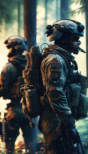 special forces commando soldiers navigating their way through a dense jungle environment. Clad in camouflage gear and armed with advanced weaponry. Generative ai
