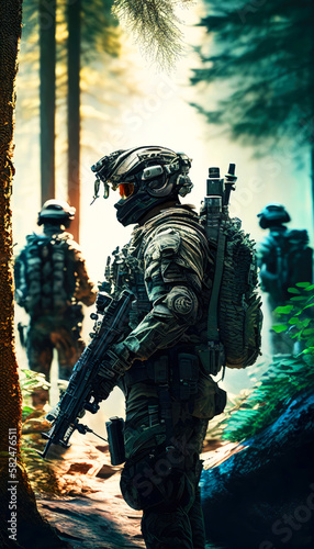 special forces commando soldiers navigating their way through a dense jungle environment. Clad in camouflage gear and armed with advanced weaponry. Generative ai
