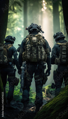 special forces commando soldiers navigating their way through a dense jungle environment. Clad in camouflage gear and armed with advanced weaponry. Generative ai