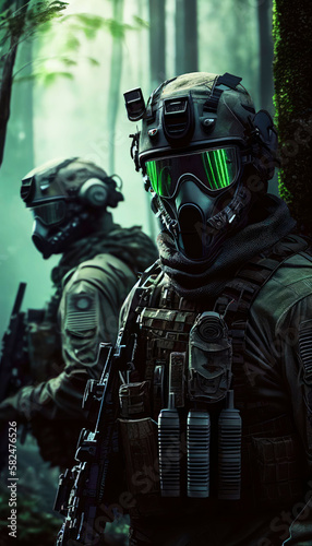 special forces commando soldiers navigating their way through a dense jungle environment. Clad in camouflage gear and armed with advanced weaponry. Generative ai © BigMindOutfit