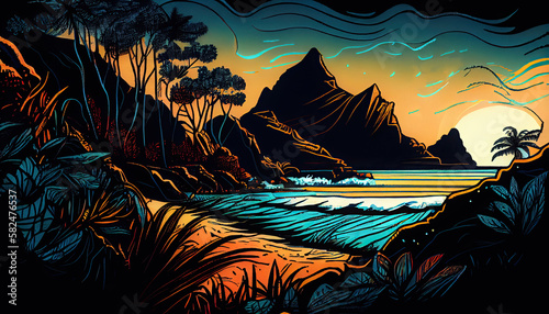 Tropical sunset island landscape - By Generative AI