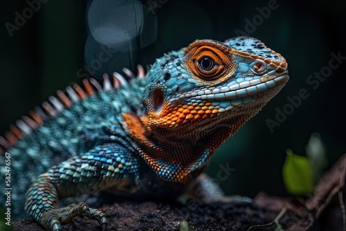 Close up of a lizard portrait standing on a branch. Generative AI