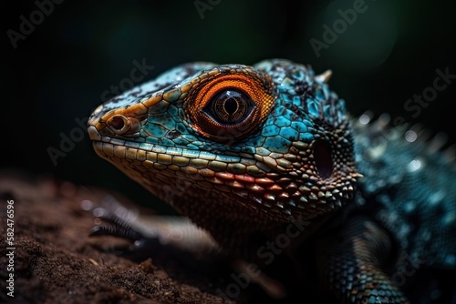 Close up of a lizard portrait standing on a branch. Generative AI