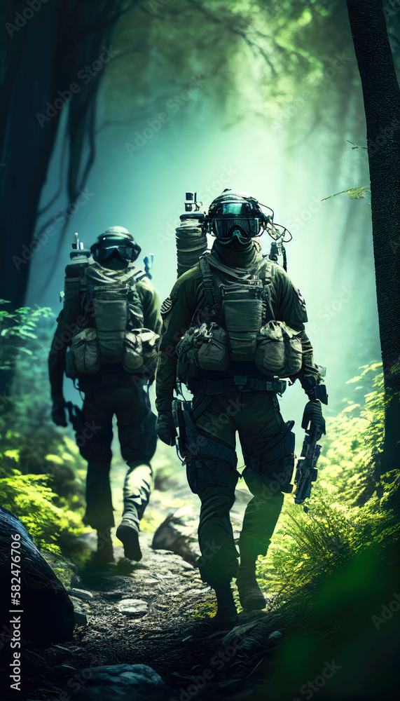 special forces commando soldiers navigating their way through a dense jungle environment. Clad in camouflage gear and armed with advanced weaponry. Generative ai