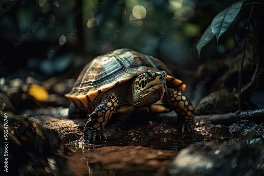 Turtle close up in tropical forest. Generative AI Turtle close up in tropical forest. Generative AI