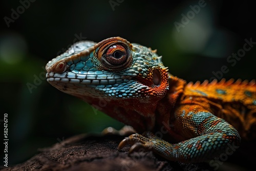 Close up of a lizard portrait standing on a branch. Generative AI